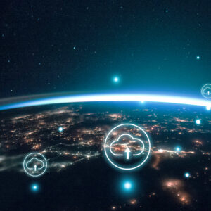 Night image of sparkling cities and a sliver of daylight framing